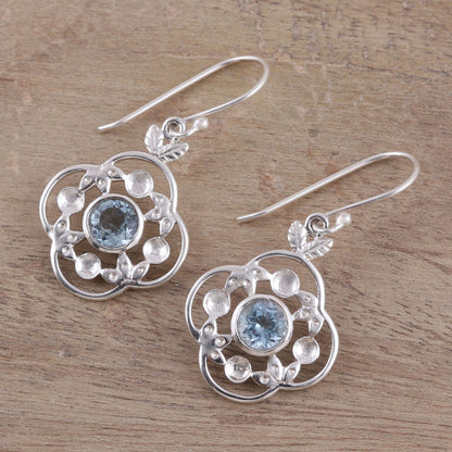 Flower Circle Blue Topaz Sterling Silver Rounded Flower Dangle Earrings