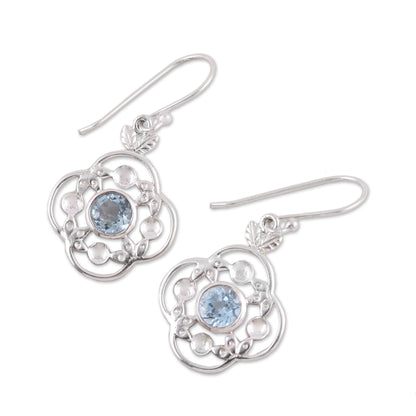 Flower Circle Blue Topaz Sterling Silver Rounded Flower Dangle Earrings