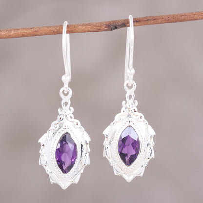 Royal Leaves Amethyst and Sterling Silver Leaf Motif Dangle Earrings