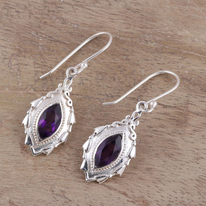 Royal Leaves Amethyst and Sterling Silver Leaf Motif Dangle Earrings