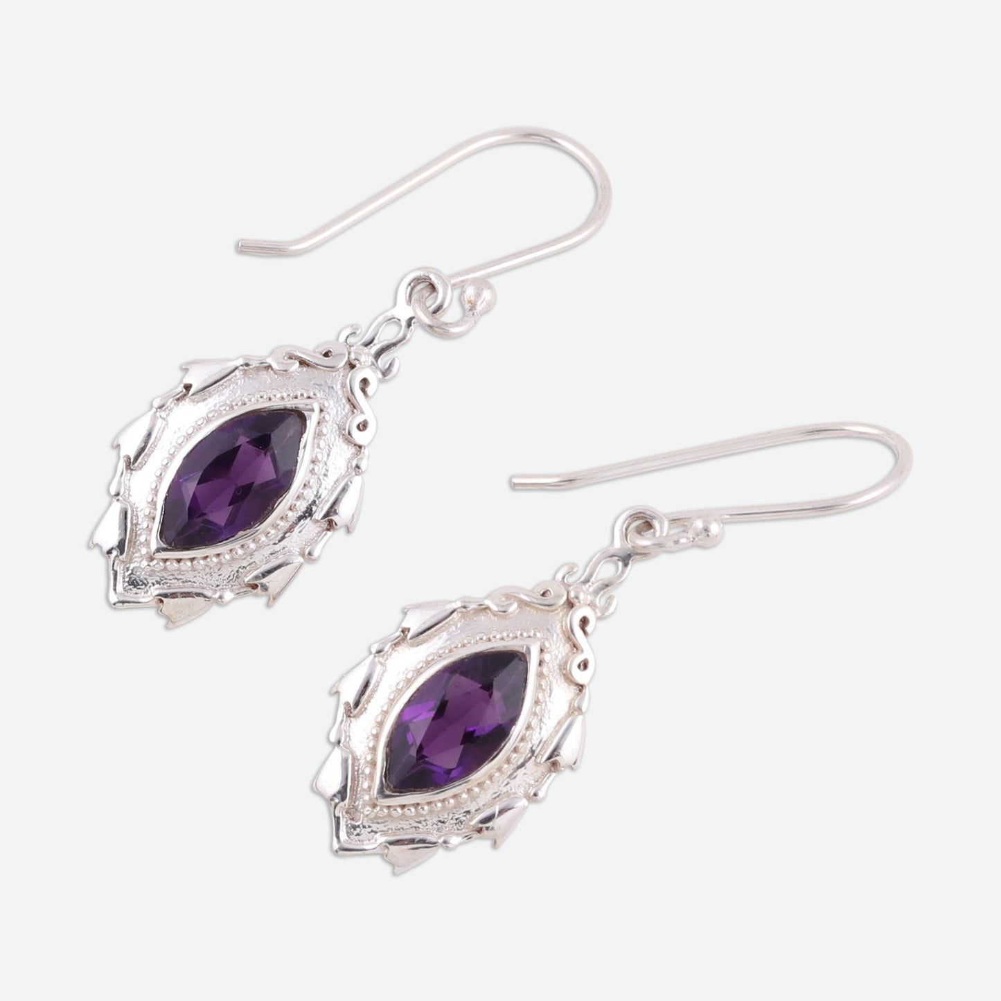 Royal Leaves Amethyst and Sterling Silver Leaf Motif Dangle Earrings