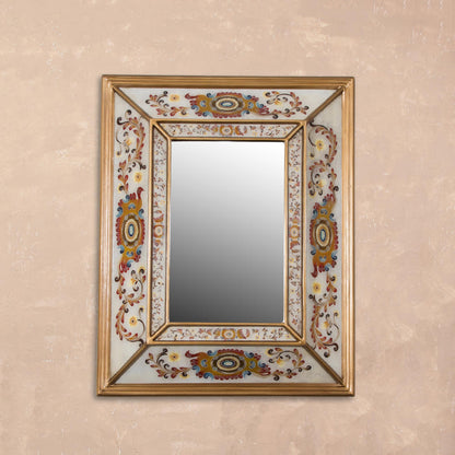 Regal Majesty Floral Reverse-Painted Glass Wall Mirror from Peru