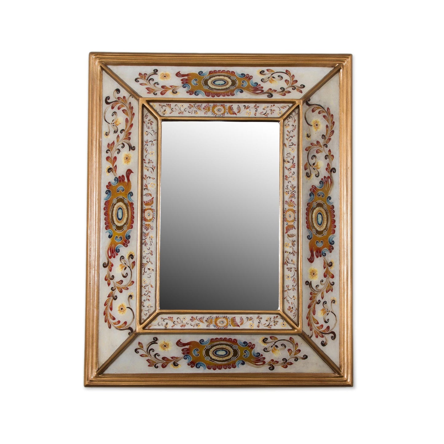 Regal Majesty Floral Reverse-Painted Glass Wall Mirror from Peru