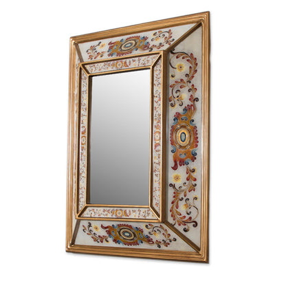 Regal Majesty Floral Reverse-Painted Glass Wall Mirror from Peru