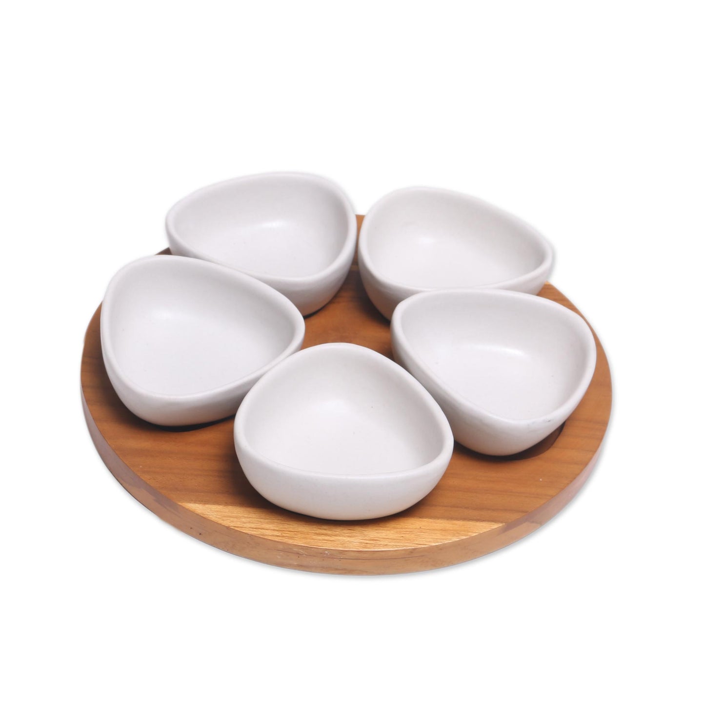 Snowy Petals Ceramic & Wood Appetizer Set