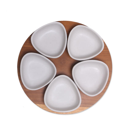 Snowy Petals Ceramic & Wood Appetizer Set