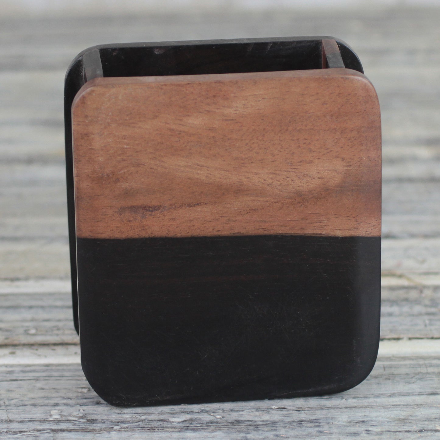 Modern Nature Hand Carved Ebony Wood Rounded Rectangle Pencil Holder