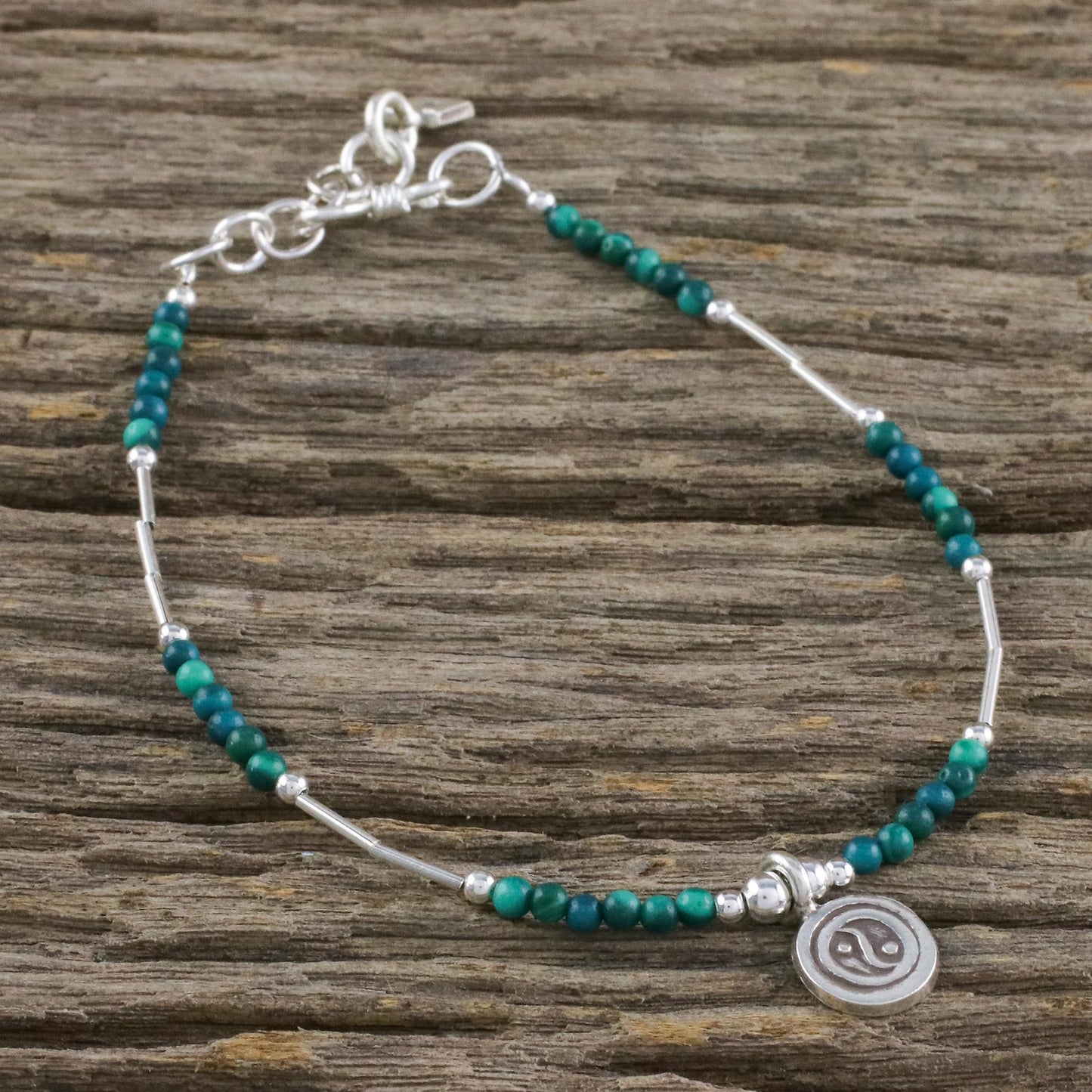 Peaceful Meditation Dyed Green Quartz Beaded Bracelet with Silver Pendant