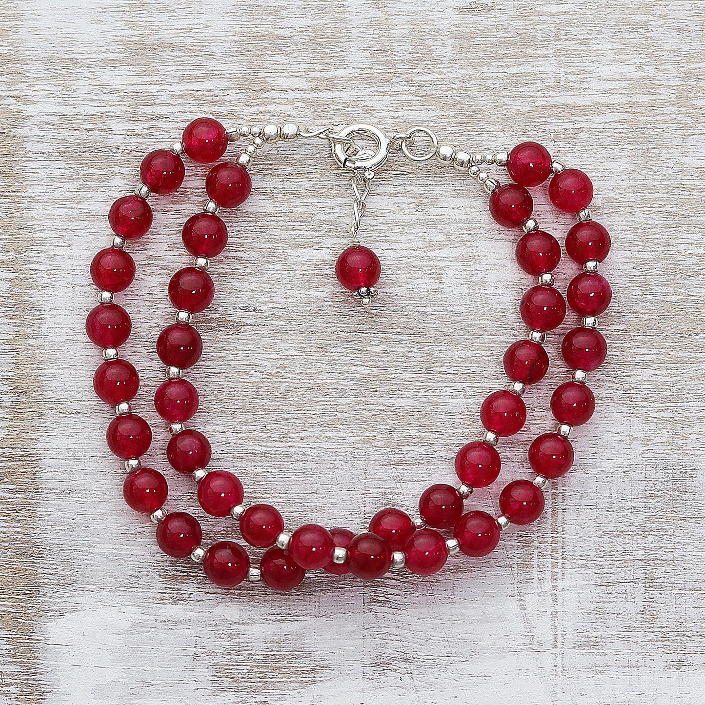 Felicity in Red Sterling Silver and Red Quartz Beaded Bracelet from India