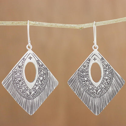 Karen Symbols Diamond-Shaped Silver Dangle Earrings from Thailand