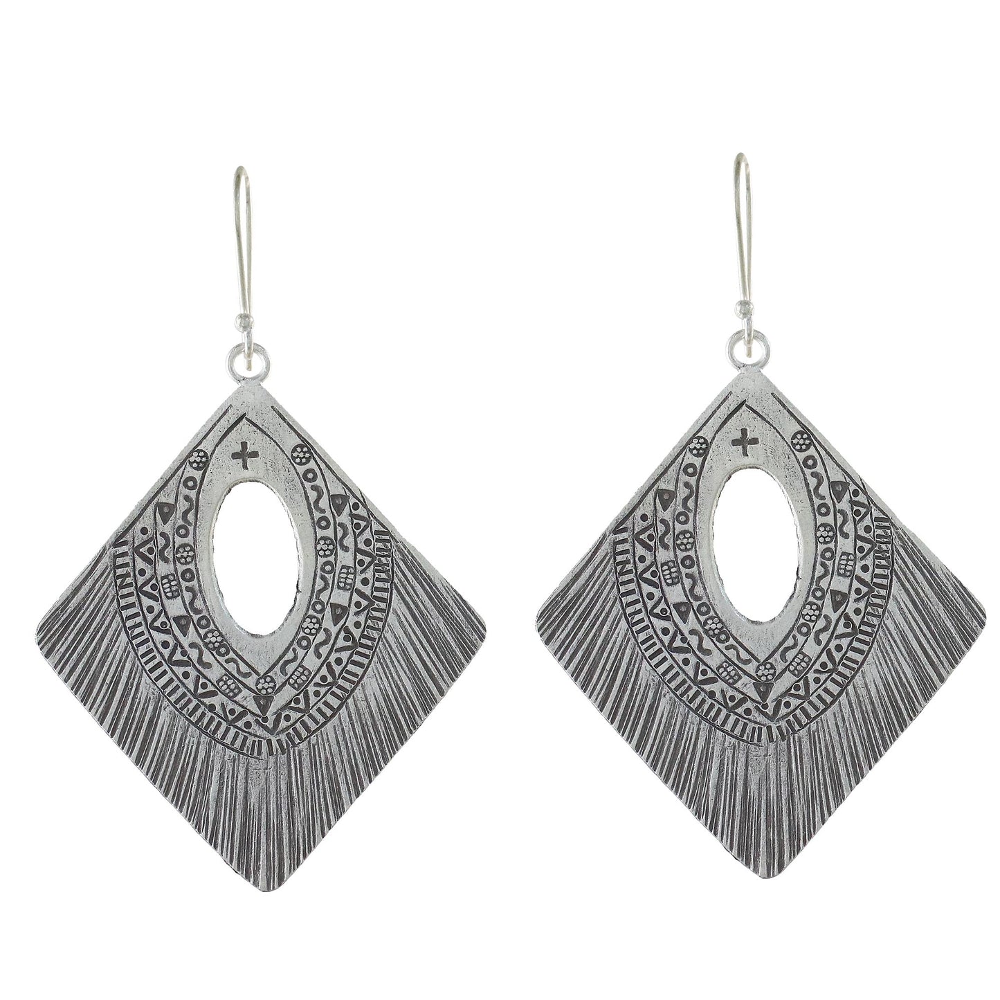 Karen Symbols Diamond-Shaped Silver Dangle Earrings from Thailand