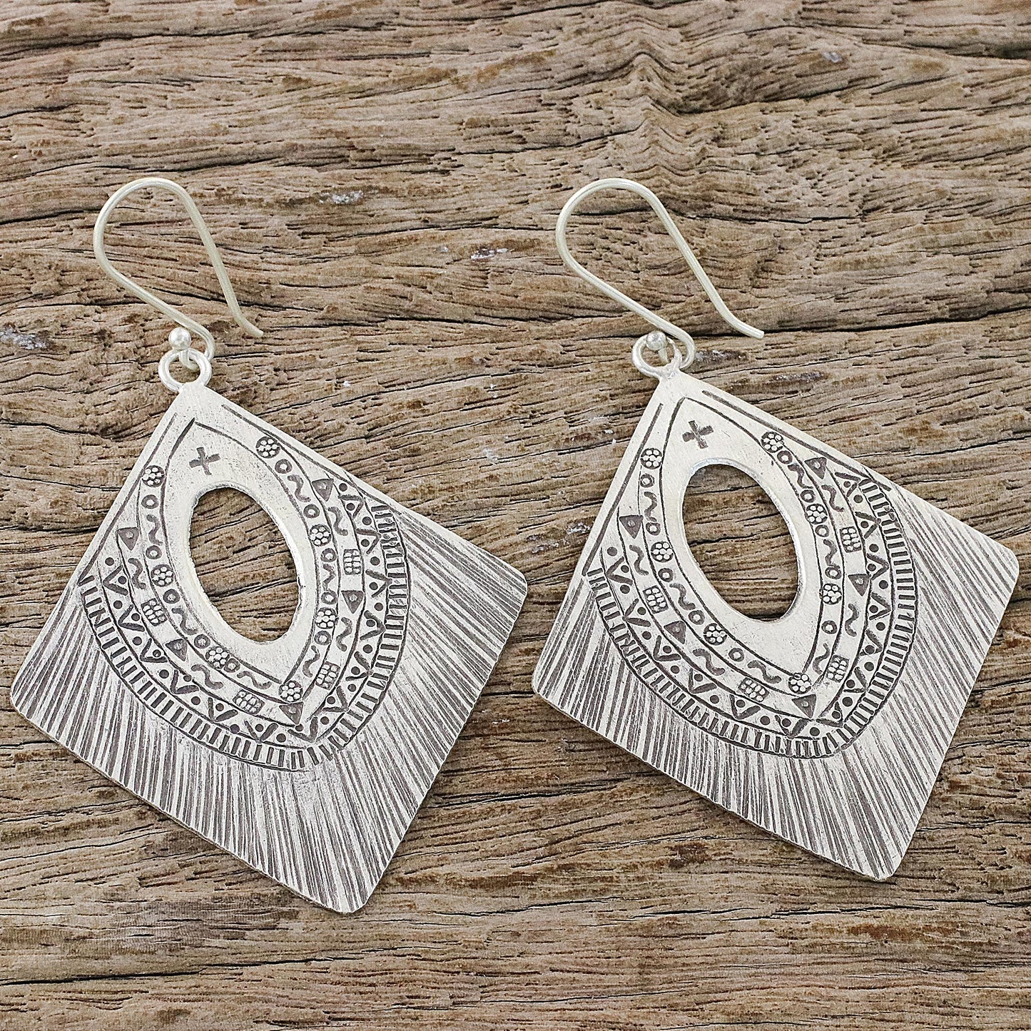 Karen Symbols Diamond-Shaped Silver Dangle Earrings from Thailand