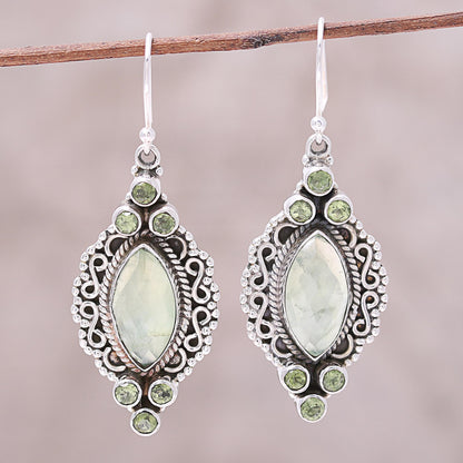 Glamour in Green Green Peridot and Prehnite Silver Marquise Dangle Earrings