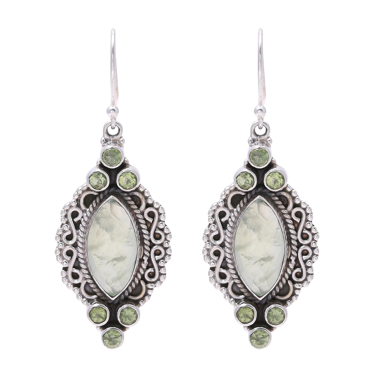 Glamour in Green Green Peridot and Prehnite Silver Marquise Dangle Earrings