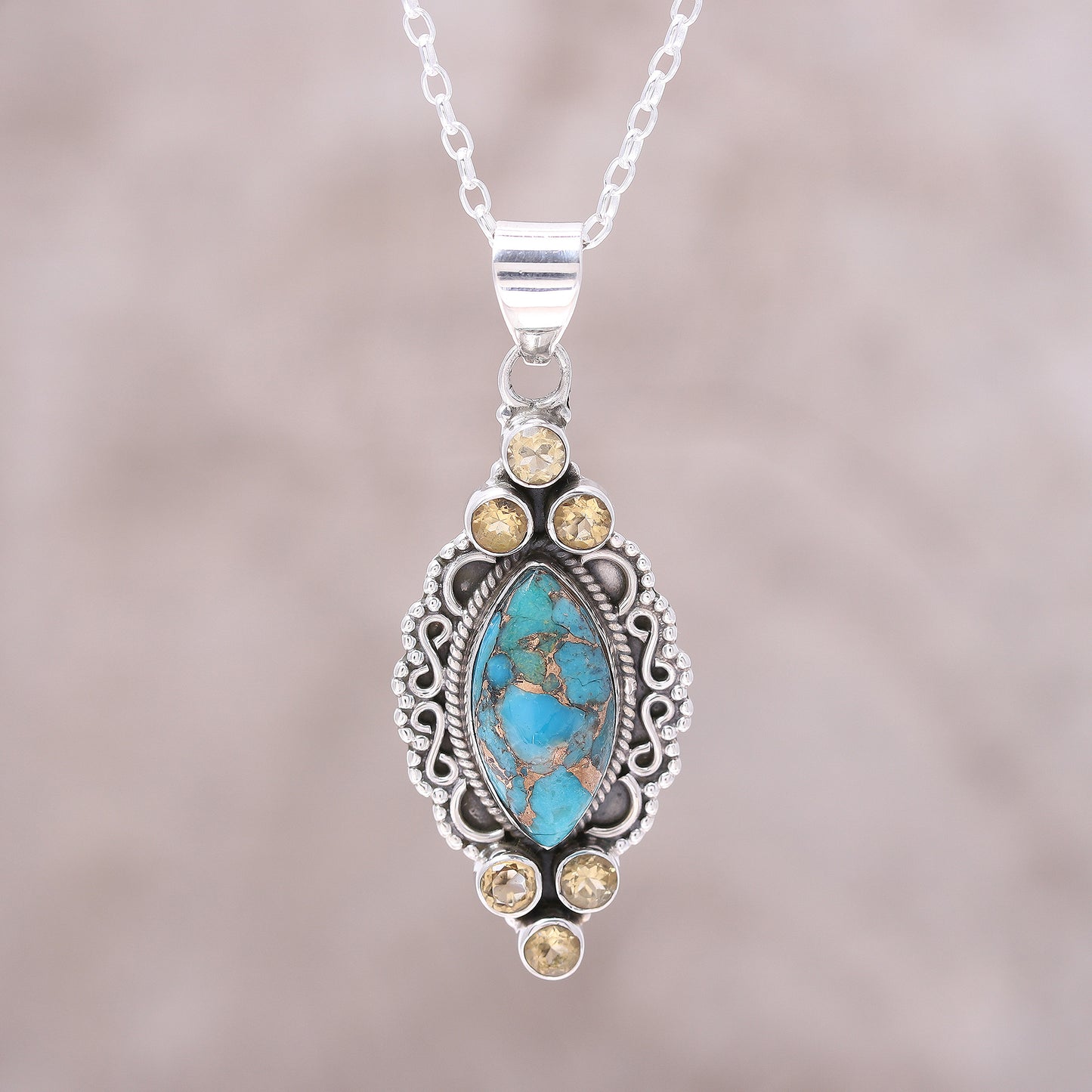 Ocean in Sunlight Sterling Silver Citrine Composite Turquoise Ocean Necklace