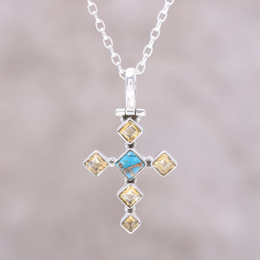 Sunny Cross Citrine and Composite Turquoise Cross Pendant Necklace