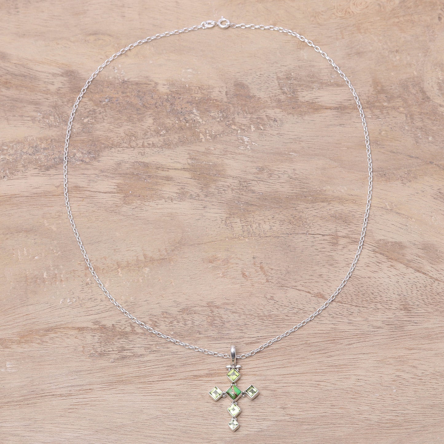 Verdant Cross Peridot and Composite Turquoise Cross Pendant Necklace