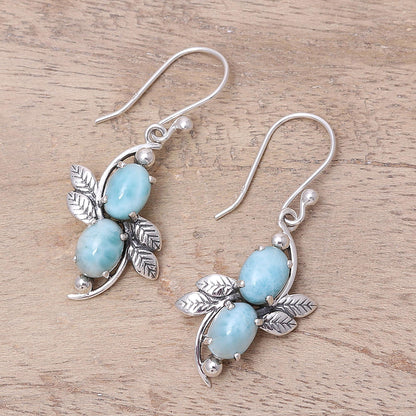 Sky Flower Duo Larimar Ovals and Sterling Silver Leaves Dangle Earrings