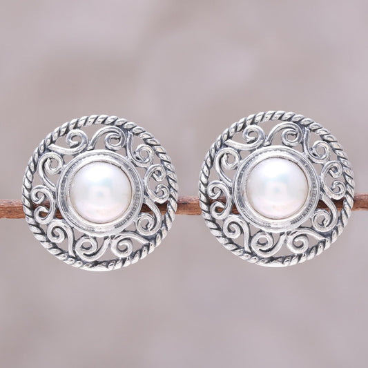 Crowned Moonlight Cultured Pearl Sterling Silver Scrollwork Button Earrings