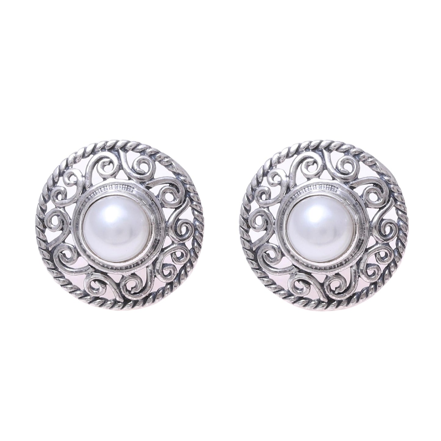 Crowned Moonlight Cultured Pearl Sterling Silver Scrollwork Button Earrings