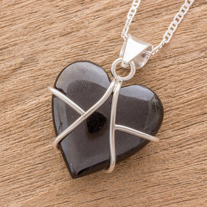 Inspiring Destiny Black Jade and Sterling Silver Heart Pendant Necklace