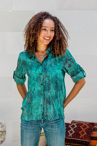 Green Glyphs Rayon Batik Long Sleeve Green-Blue Hi-Low Button Blouse