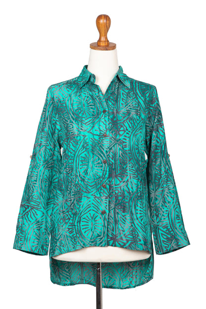 Green Glyphs Rayon Batik Long Sleeve Green-Blue Hi-Low Button Blouse