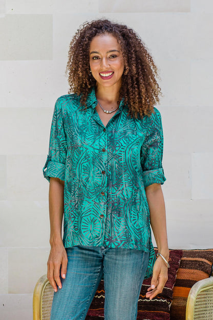 Green Glyphs Rayon Batik Long Sleeve Green-Blue Hi-Low Button Blouse