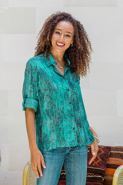 Green Glyphs Rayon Batik Long Sleeve Green-Blue Hi-Low Button Blouse