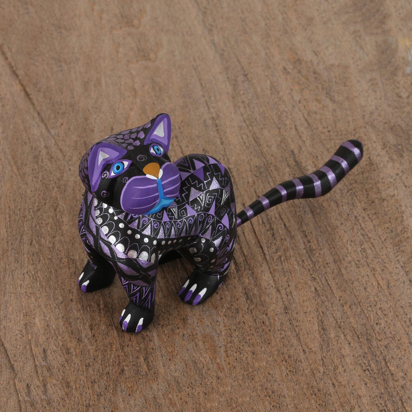 Sophisticated Cat Black Alebrije Cat Silver and Purple Hand Painted Motifs