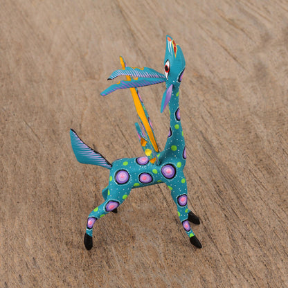 Winged Song Teal Alebrije Gazelle with Multicolor Hand Painted Motifs