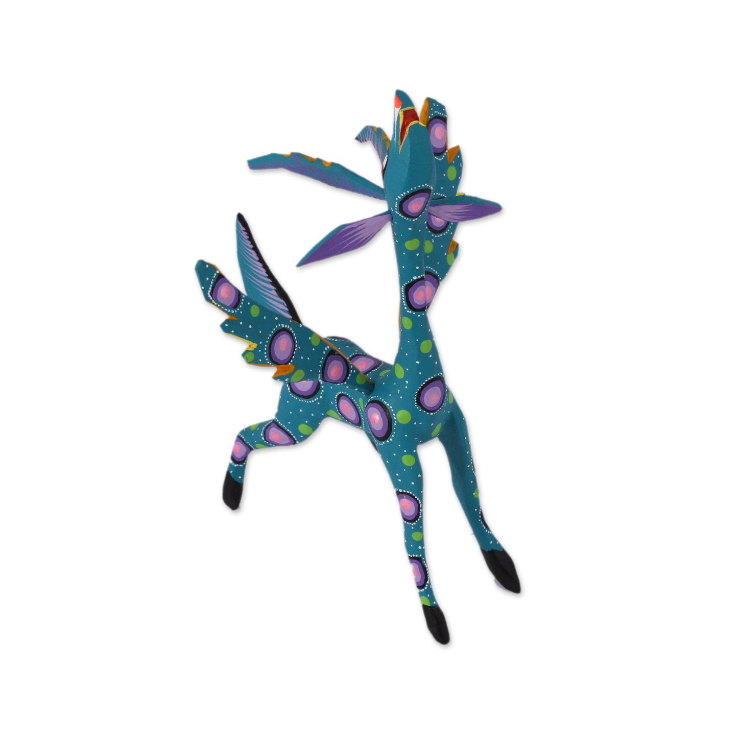 Winged Song Teal Alebrije Gazelle with Multicolor Hand Painted Motifs