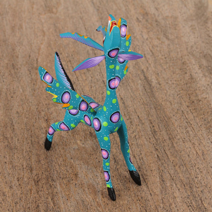 Winged Song Teal Alebrije Gazelle with Multicolor Hand Painted Motifs