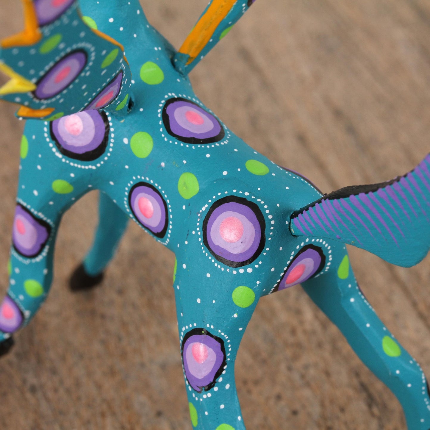 Winged Song Teal Alebrije Gazelle with Multicolor Hand Painted Motifs