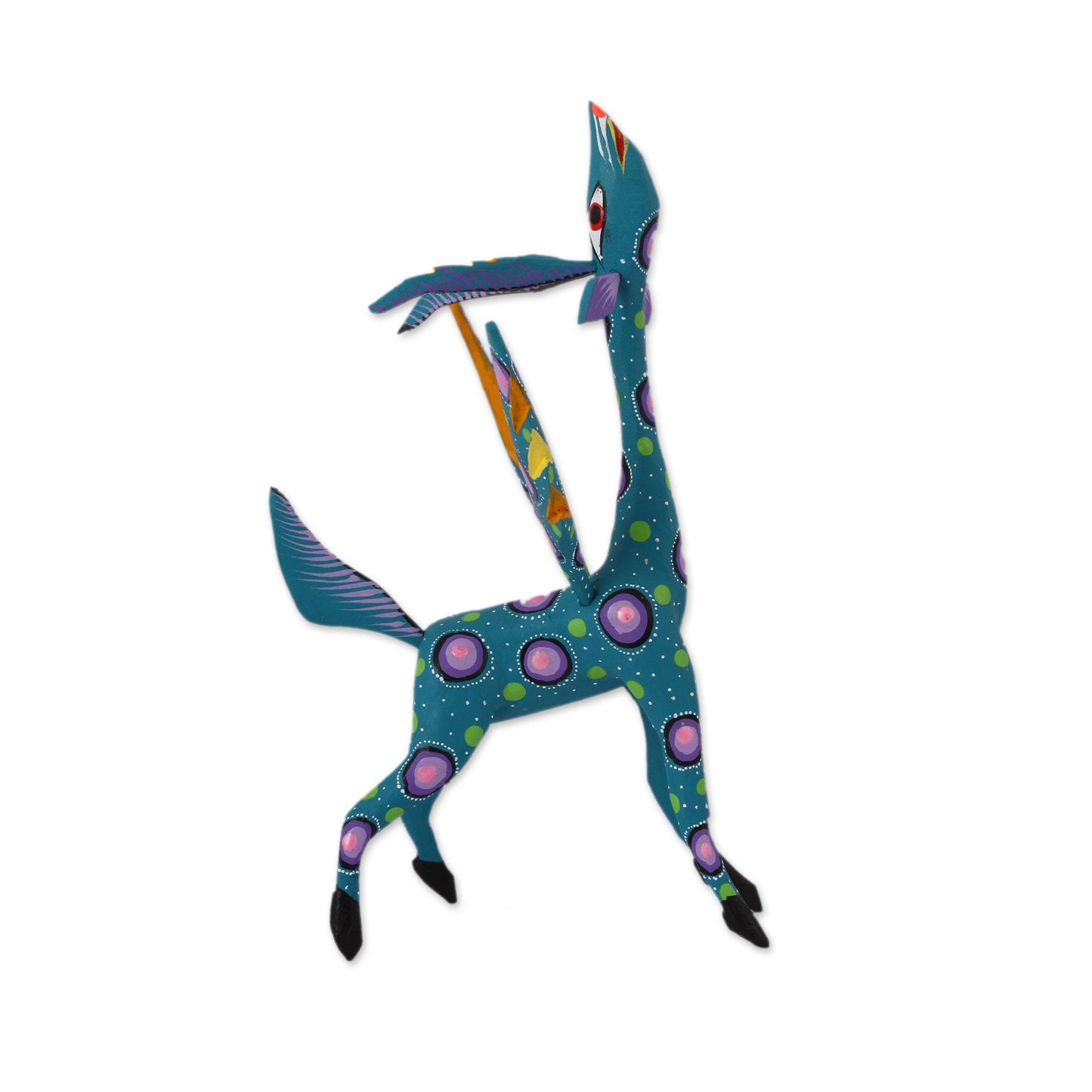 Winged Song Teal Alebrije Gazelle with Multicolor Hand Painted Motifs