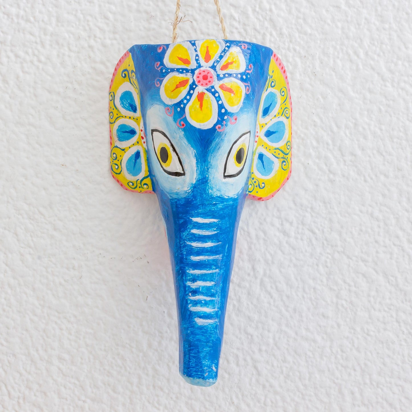 Floral Wisdom Hand-Painted Pinewood Elephant Mask from Guatemala