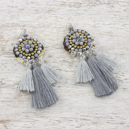 Joyful Swing in Grey Grey Glass and Brass Bead Dangle Earrings with Grey Tassels