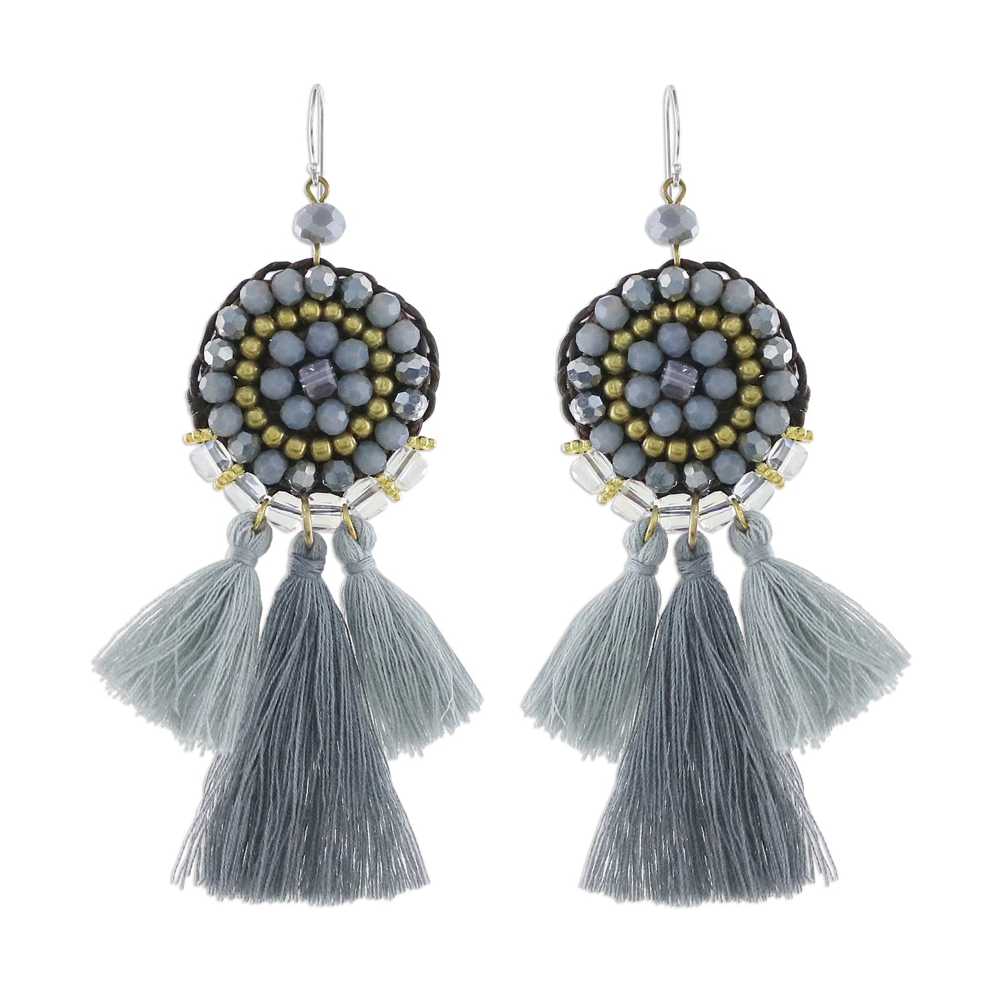 Joyful Swing in Grey Grey Glass and Brass Bead Dangle Earrings with Grey Tassels