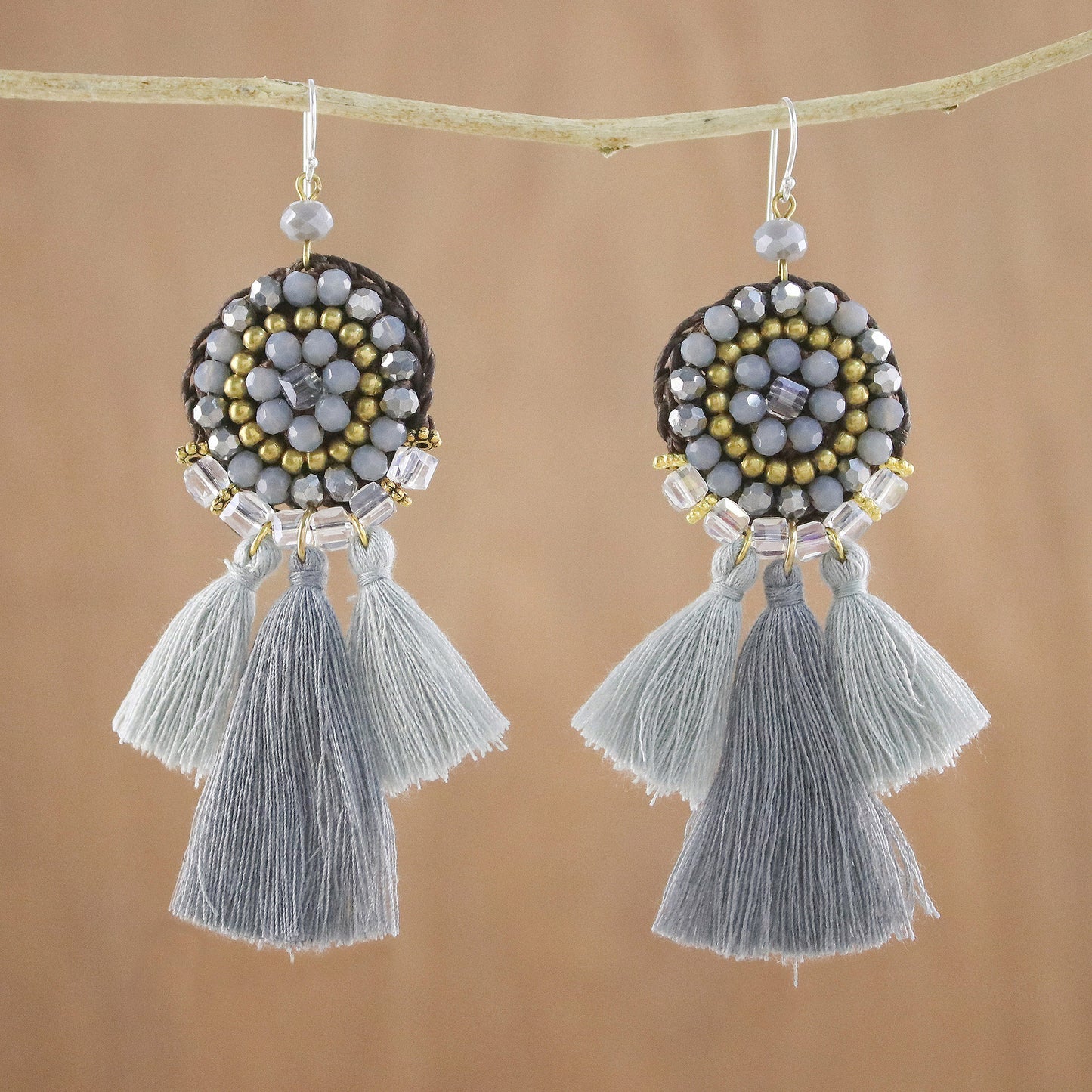 Joyful Swing in Grey Grey Glass and Brass Bead Dangle Earrings with Grey Tassels