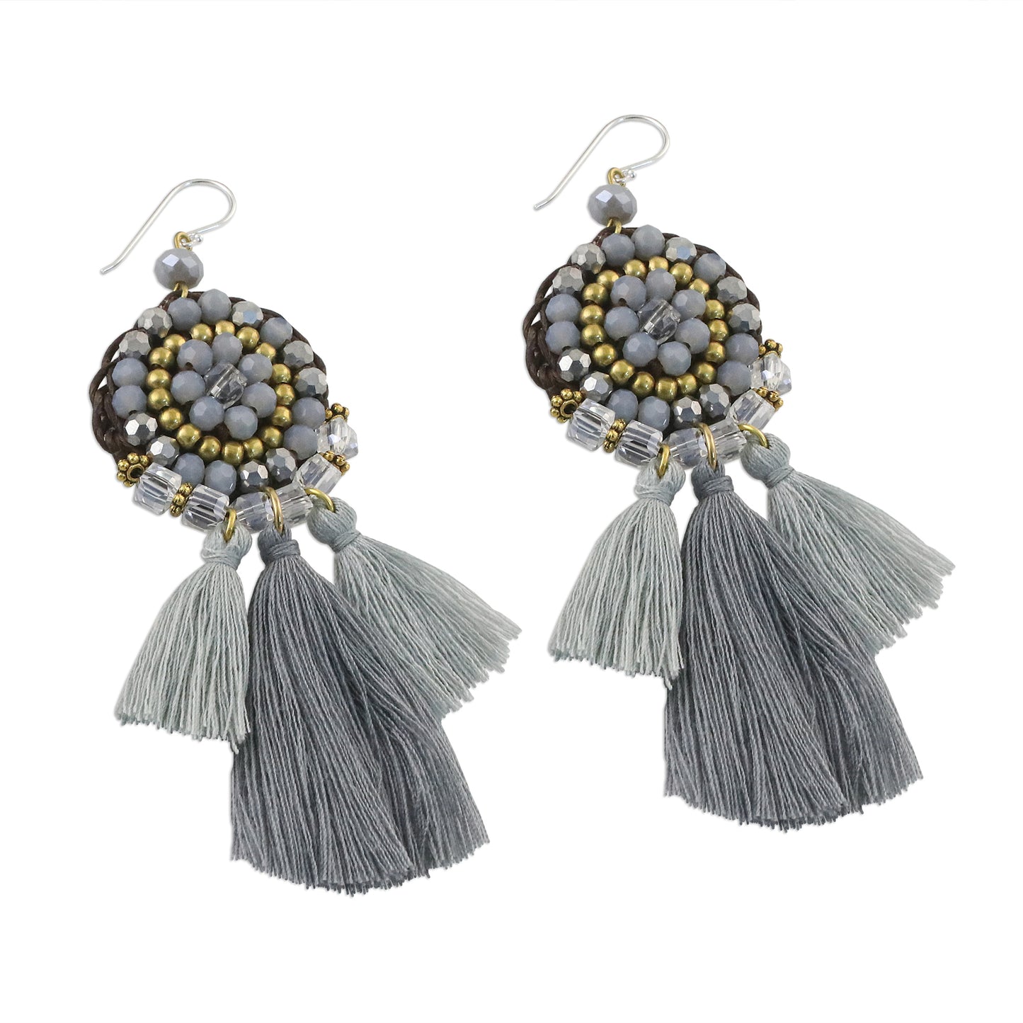 Joyful Swing in Grey Grey Glass and Brass Bead Dangle Earrings with Grey Tassels