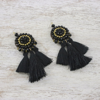 Joyful Swing in Black Onyx Black Glass and Brass Bead Tasseled Dangle Earrings