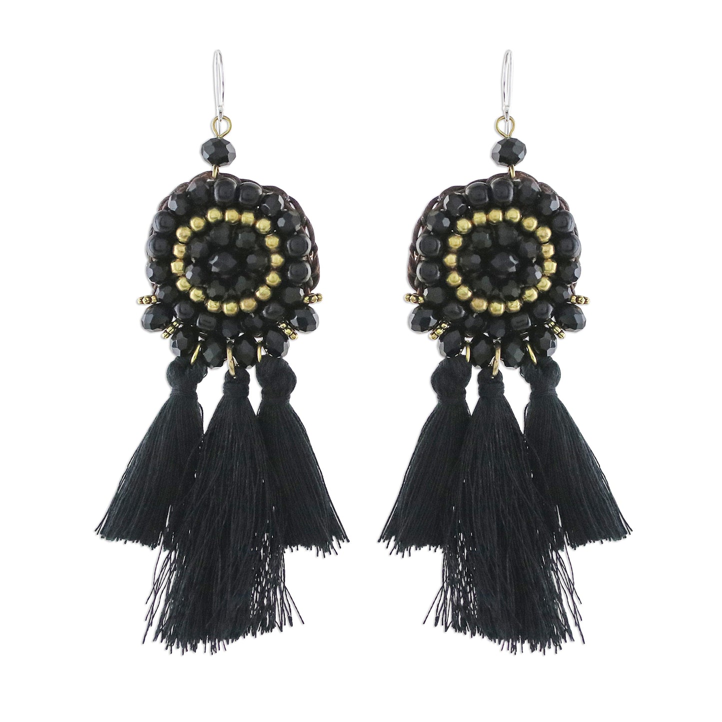 Joyful Swing in Black Onyx Black Glass and Brass Bead Tasseled Dangle Earrings