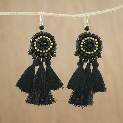 Joyful Swing in Black Onyx Black Glass and Brass Bead Tasseled Dangle Earrings