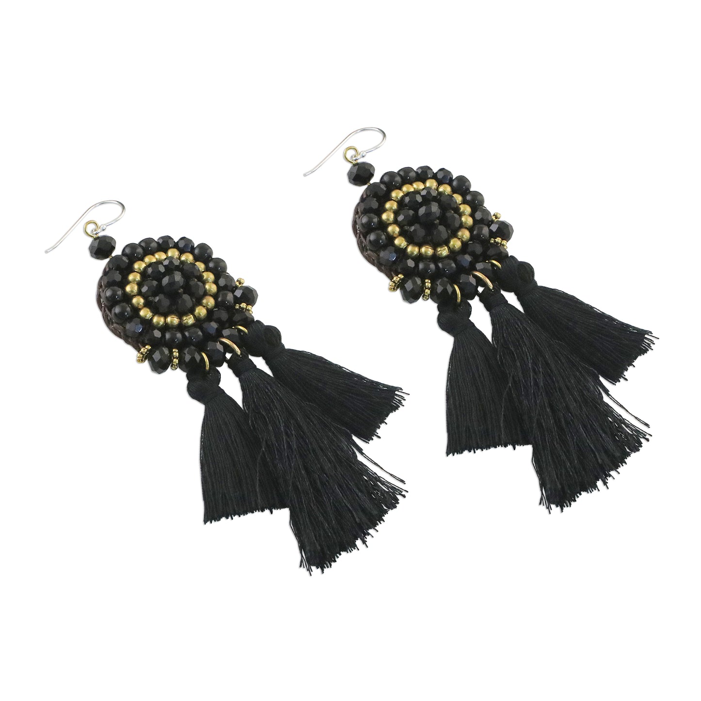 Joyful Swing in Black Onyx Black Glass and Brass Bead Tasseled Dangle Earrings