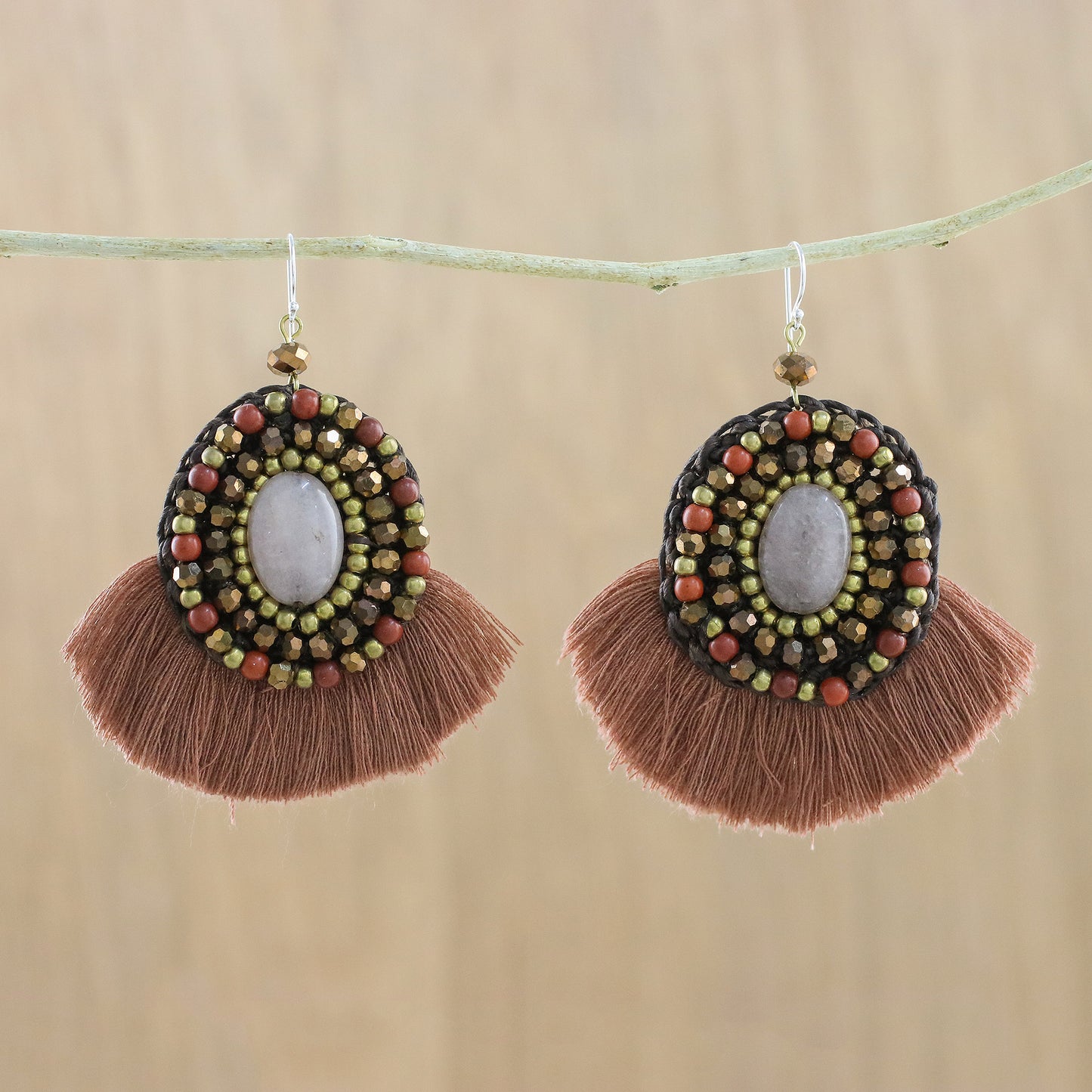 Hula Skirt Brown Fringe Quartz Jasper and Brass Bead Dangle Earrings