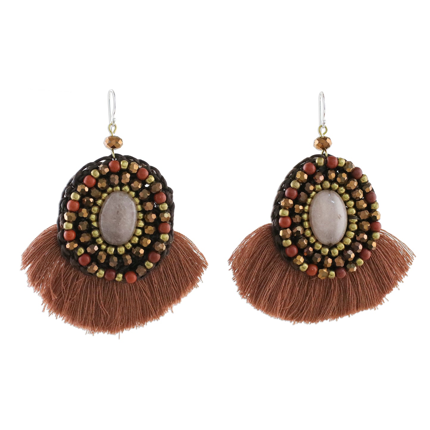 Hula Skirt Brown Fringe Quartz Jasper and Brass Bead Dangle Earrings