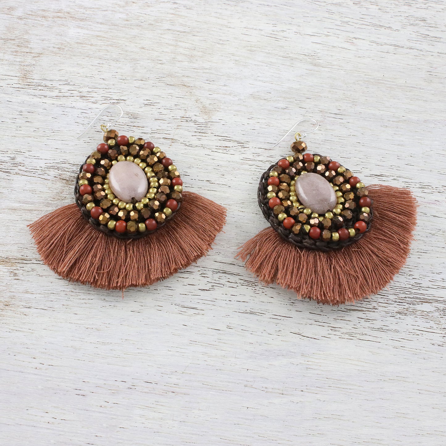 Hula Skirt Brown Fringe Quartz Jasper and Brass Bead Dangle Earrings