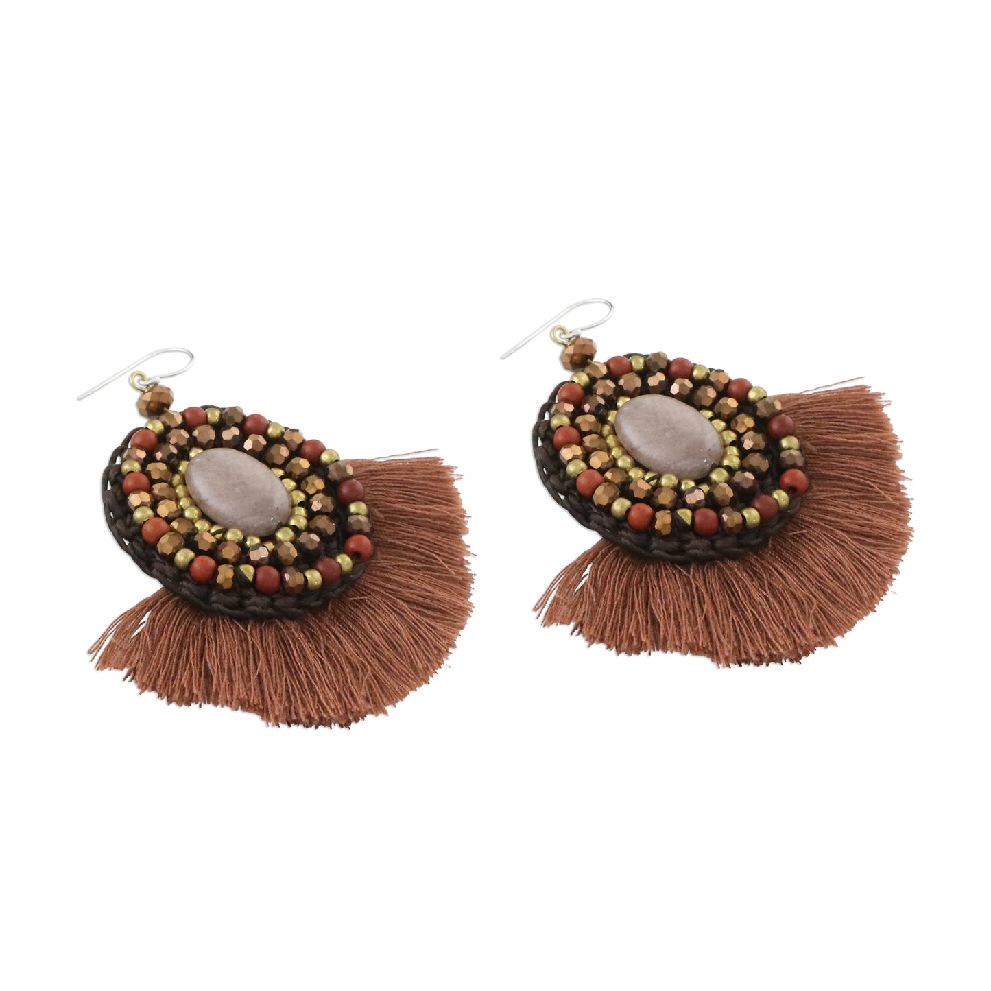 Hula Skirt Brown Fringe Quartz Jasper and Brass Bead Dangle Earrings