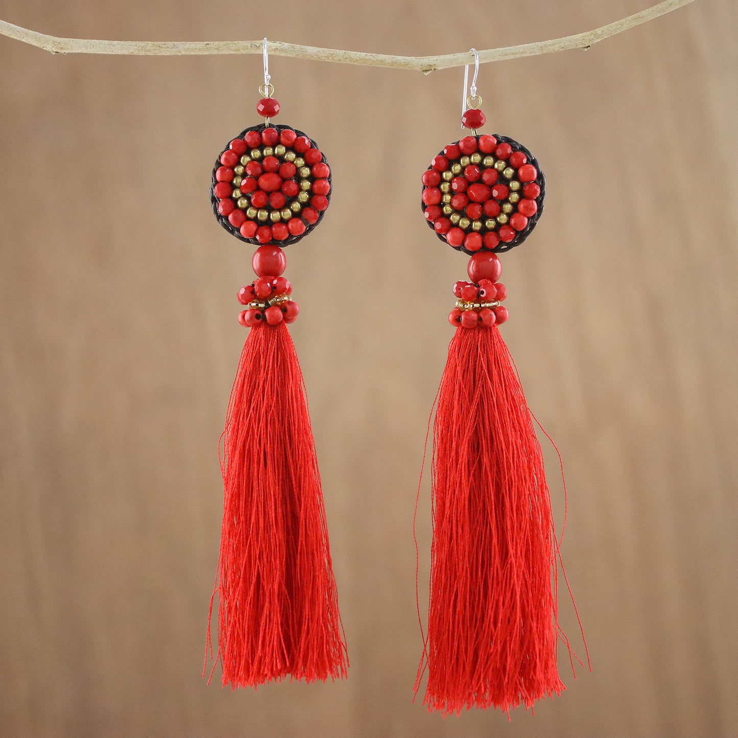 Dance With Me in Red Long Tassel Red Calcite and Glass Bead Dangle Earrings