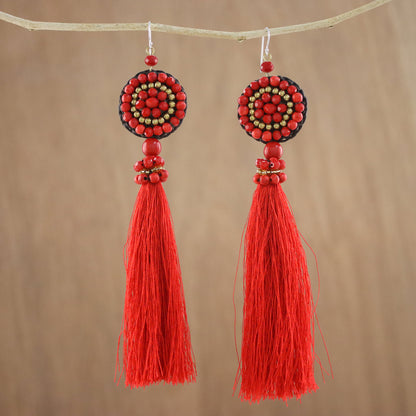 Dance With Me in Red Long Tassel Red Calcite and Glass Bead Dangle Earrings